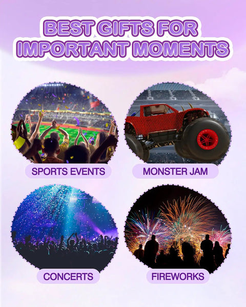 Image showcasing sports events, monster jam, concerts, and fireworks with text 'Best Gifts for Important Moments'.