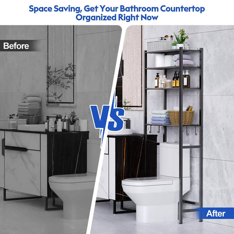 Bathroom before and after with Four Tier Over The Toilet Storage Rack Bathroom Organizer Shelves Above The Toilet Freestanding Adjustable Height Space Saver Black Perfect For Small Bathrooms And Fits In Tight Spaces With Removable Hooks And Ample Storage.