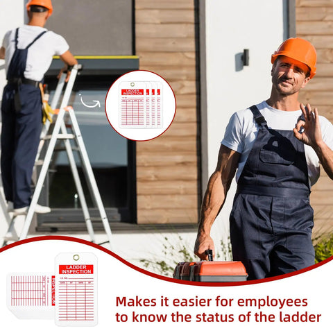 60 Pack Ladder Inspection Tags With Double Sided Safety Record Labels And Beefy Nylon Cords Plus Durable Ink Pen For Warehouse Crews And Municipal Sites Easy Grip Layout Straight Talk Compliance Notes Built Tough For The Day Shift Grind with worker inspecting ladder.