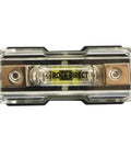 Front view of Inline Mini ANL Fuse Holder For 4 To 8 Gauge Wire, Waterproof AFS Inline Fuse Holder with 100A fuse included for car audio and marine use.