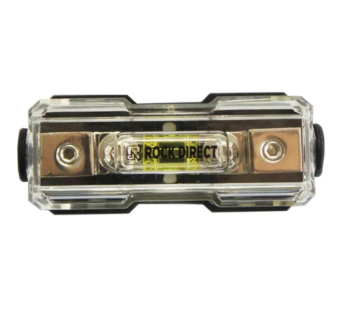 Front view of Inline Mini ANL Fuse Holder For 4 To 8 Gauge Wire, Waterproof AFS Inline Fuse Holder with 100A fuse included for car audio and marine use.