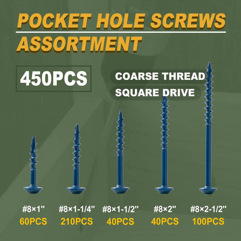 Pocket Hole Screws Kit 450 Pieces in 5 Sizes for Exterior Projects, Blue Anti Rust Coated, with 150mm Drive Bit displayed