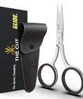 Pro Grade Precision Facial Hair Scissor For Eyebrows, Mustache And Beard, Premium Stainless Steel Grooming Tool displayed with leather case