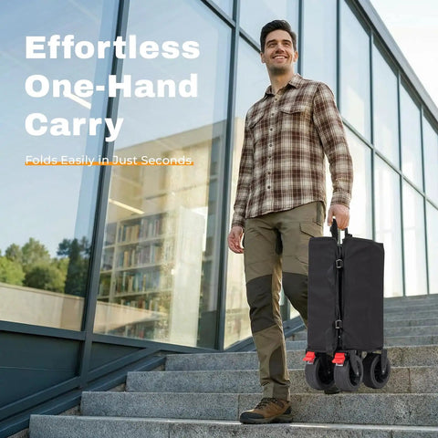 Man carrying a folded 46.6 Inch Heavy Duty Collapsible Wagon Cart With 440 Lb Capacity And Beefy All Terrain Wheels Foldable Beach Wagon