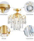 Small Crystal Ceiling Light Fixture Semi Flush Mount Chandelier with gold finish and laser cut crystals detailing for dining room.