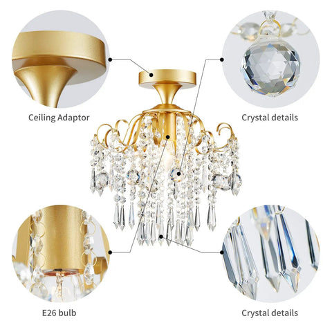 Small Crystal Ceiling Light Fixture Semi Flush Mount Chandelier with gold finish and laser cut crystals detailing for dining room.