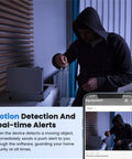 Stealth Mode Wireless Charger Packed With A Hidden 2K Spy Camera showing motion detection alert on smartphone with a person in a hoodie.