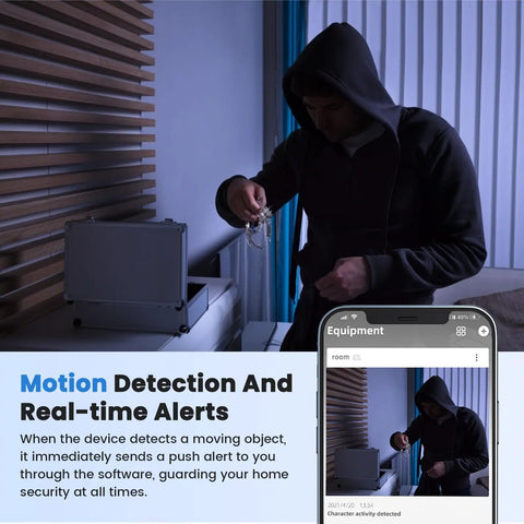 Stealth Mode Wireless Charger Packed With A Hidden 2K Spy Camera showing motion detection alert on smartphone with a person in a hoodie.