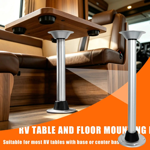 Built Tough 29 Inch Boat Table Leg And RV Camper Stand With Twist Lock System featuring a sturdy stainless steel base and wooden top.