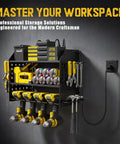 Front view of Power Tool Organizer With Built In Charging Station Six Outlets And Three Layer Wall Mounted Drill Storage Rack For Cordless Tools With Utility Shelf No Cable Chaos Garage Organization For Workshop Black