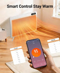 Person using smartphone app to control 1500W Smart Space Heater With Thermostat, Remote Control And Timer, Safety Lock, Fast Heat For Home Workshop Or Garage, Heats Up To 300 Sq Ft With Convection And Radiant Hot Air