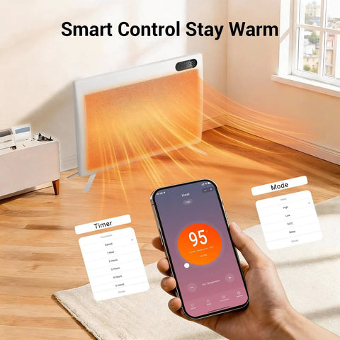 Person using smartphone app to control 1500W Smart Space Heater With Thermostat, Remote Control And Timer, Safety Lock, Fast Heat For Home Workshop Or Garage, Heats Up To 300 Sq Ft With Convection And Radiant Hot Air