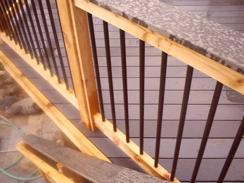 10 Pack Three Quarters Inch Round 36 Inch Length Black Powder Coat Balusters For Staircase Deck Porch Rails With Easy Install Durable Steel Includes 20 Connectors And Screws For Quick Railing Upgrade installed on wooden deck railing