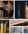 Top Tier Universal Laser Engraver Rotary Roller Attachment displaying engraved glasses, tumblers, and a pen holder.