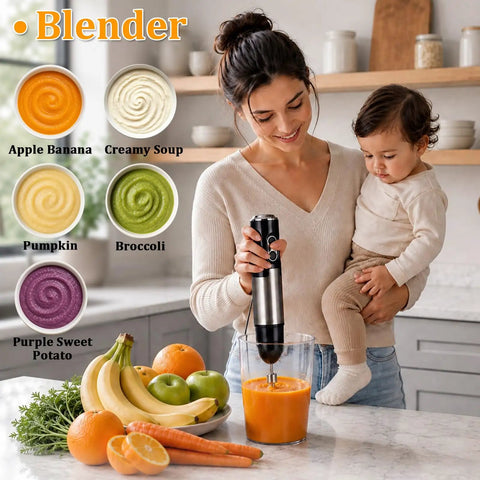 Heavy Duty Stainless Steel Immersion Blender With Turbo Control And Versatile Attachments blending carrot and orange smoothie