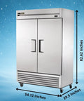 Heavy Duty Commercial Reach In Freezer Featuring Eco Friendly Hydrocarbon Refrigerant Cools To Minus Ten Degrees Fahrenheit, stainless steel with dimensions shown.