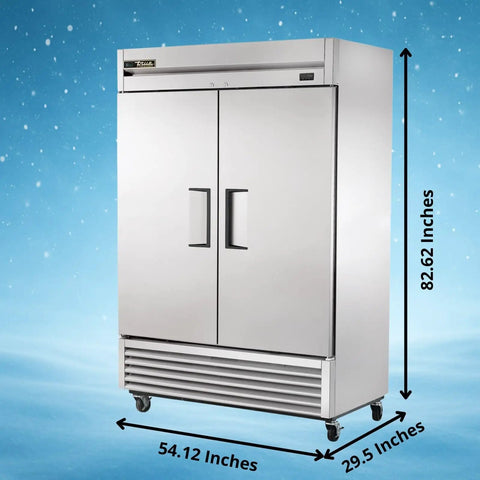 Heavy Duty Commercial Reach In Freezer Featuring Eco Friendly Hydrocarbon Refrigerant Cools To Minus Ten Degrees Fahrenheit, stainless steel with dimensions shown.