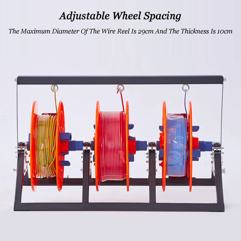 Heavy Duty Wire Spool Rack And Cable Dispenser For 1 2 3 4 Rods Ribbon Holder Organizer in use, showing adjustable wheel spacing.