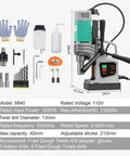 Heavy Duty Magnetic Drill Press 1450W With 0-820 RPM, showing drill, gloves, bits, and accessories for metalwork.
