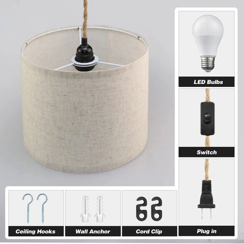 Plug In Pendant Lights Duo With 15ft Hemp Rope And Beige Linen Shade, LED bulb, cord switch, ceiling hooks, wall anchor