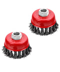 Pro Grade 2 Pack 2.5 Inch Wire Cup Brush For 4 1/2 Inch Angle Grinder featuring knotted carbon steel bristles.