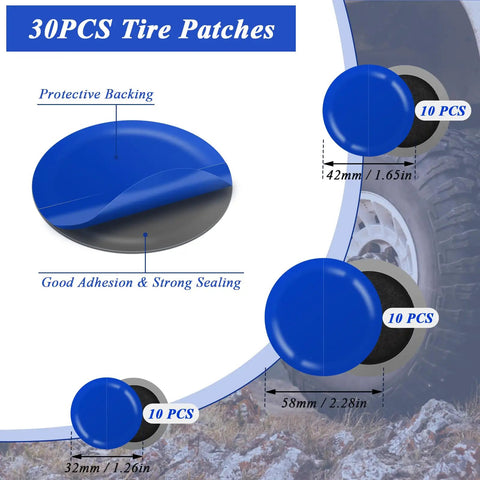 No Sweat Tire Patch Kit With Thirty Durable Rubber Patches showing three tire patch sizes, 32mm, 42mm, 58mm with protective backing.