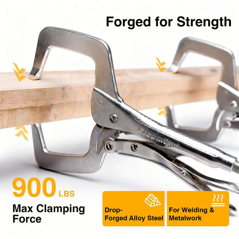 11 Inch Locking C Clamp Pliers Built Tough For Welders And Home Shops Heavy Duty Welding Clamps gripping a wooden board