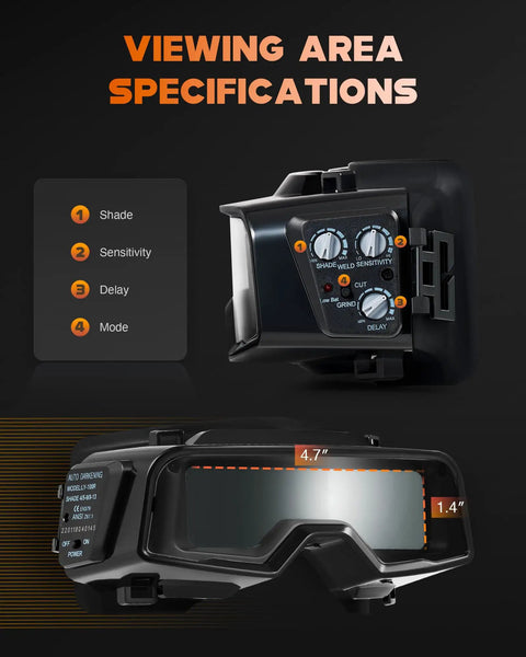 Close-up of True Color Auto Darkening Welding Goggles Shade 4/5-9/9-13 With Grind Mode showing controls and 4.7 x 1.4 in lens