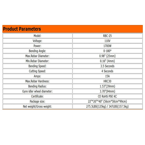 Product parameters for the Badass 110V 1700W Electric Rebar Bender And Cutting Machine listing specifications and features.