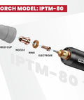 Exploded view of Pro Grade IPTM80 Non HF Pilot Arc CNC Plasma Cutting Torch 80 Amp Straight Torch With 20 Ft Cable components.