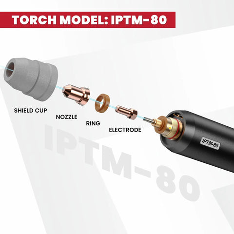 Exploded view of Pro Grade IPTM80 Non HF Pilot Arc CNC Plasma Cutting Torch 80 Amp Straight Torch With 20 Ft Cable components.