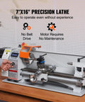 Compact Metal Lathe 7 X 16 Inch 800W Desktop Lathe With Variable Speed 150 To 2500 RPM on a workbench, showing control panel and chuck