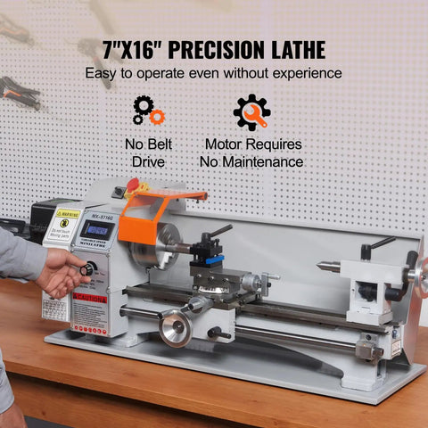 Compact Metal Lathe 7 X 16 Inch 800W Desktop Lathe With Variable Speed 150 To 2500 RPM on a workbench, showing control panel and chuck