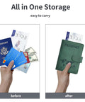 Green Passport Holder With Rfid Blocking And Multiple Card Slots For Smooth Airport Flow and Leisure Travel Adventures, before and after organization.