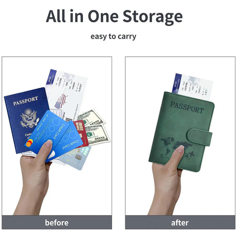 Green Passport Holder With Rfid Blocking And Multiple Card Slots For Smooth Airport Flow and Leisure Travel Adventures, before and after organization.