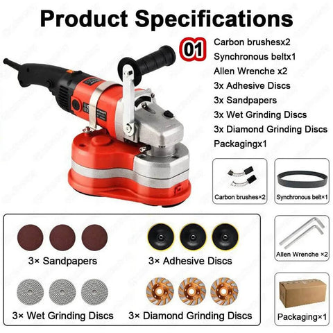 Three Head 2800W Concrete Grinding And Polishing Machine With 8 Inch Coverage Six Speeds Electric Diamond Grinder For Pro Grade Pros Handling Concrete Stone Marble And Metal with included accessories like sandpapers, discs, and wrenches.