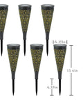 Six Pack Solar Outdoor Garden Lights With Mandala Pattern, Warm Amber Glow, black stakes with detailed ornamental design.