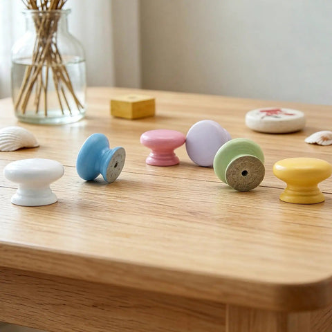 Six Pack Round Wooden Cabinet Knobs In Crisp White With Trimmable Screws For Zero Fuss Dresser And Closet Swaps featuring colorful mushroom shapes.