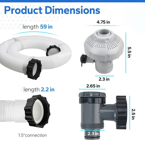 Product dimensions of Large Inlet Air Nozzle And Pool Plunger Valve Kit For Above Ground Pools, 1.5 Inch Diameter Accessory Hose.