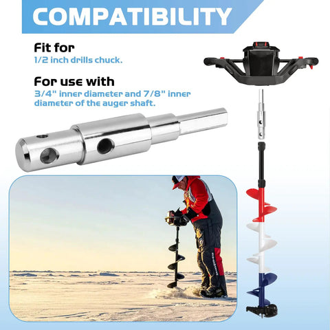 Heavy Duty Two Stage Auger Adapter For Three Quarter And Seven Eighths Inch Shaft Power Drill Ice Fishing And Garden Hole Digging Attachment Fits Standard Augers Durable Drill Accessory For Quick Digging with man ice fishing and auger on snow.