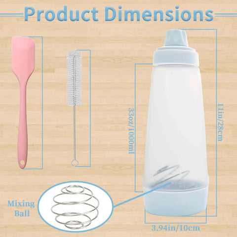 All In One Pancake Batter Dispenser With BlenderBall And Wire Whisk dimensions and included spatula, brush, mixing ball