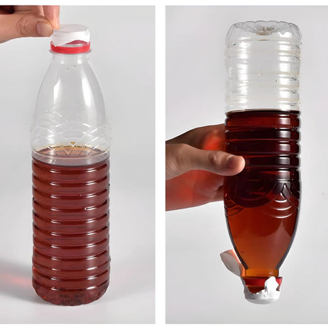 Two views of a plastic bottle filled with dark liquid, one upright and one inverted, with a hand holding the bottle.