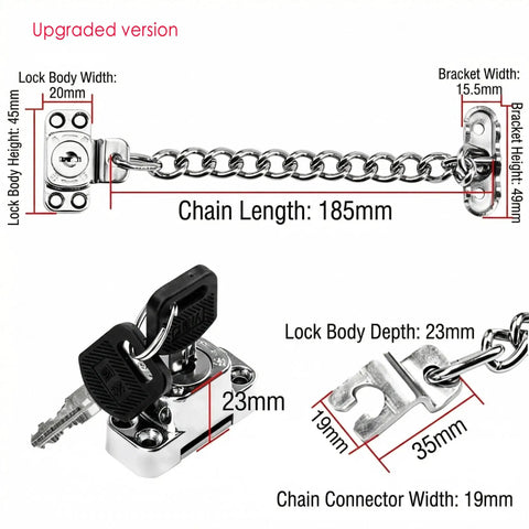 Deadlock Secure Stainless Steel Window Chain Lock And Door Cable Restrictor Badass Child Safe And Anti Theft Protector With Key For Flat Windows, showing key and chain details.