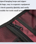Close-up of zipper and mesh pocket on Climbing Quickdraw Hanging Storage Bag With Carabiner Hook Organizer, Lightweight 420D Waterproof Nylon Roll Bag, Tough Foldable Gear Keeper For Mountaineering Ropes, Clips, Hardware, And More, Black.