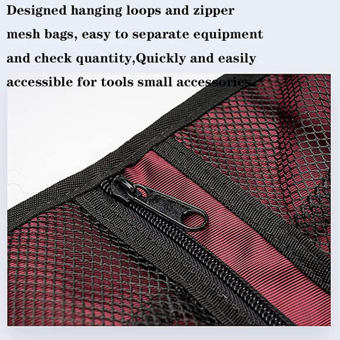 Close-up of zipper and mesh pocket on Climbing Quickdraw Hanging Storage Bag With Carabiner Hook Organizer, Lightweight 420D Waterproof Nylon Roll Bag, Tough Foldable Gear Keeper For Mountaineering Ropes, Clips, Hardware, And More, Black.