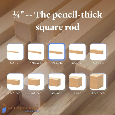 Real Deal Unfinished Square Dowel Rods 1/4 Inch By Eighteen Inch Pack Of Ten displayed in various sizes on wooden surface.