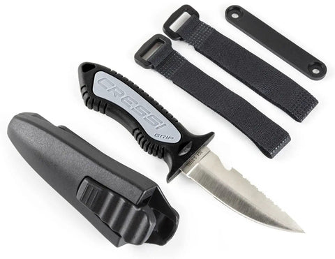 Grip Spear Knife 6.8 Inch Black For Spearfishing And Underwater Hunting Built Tough Stainless Blade With Ergonomic Handle shown with straps