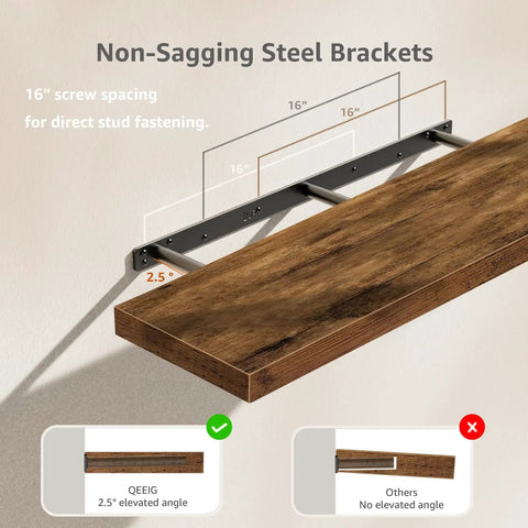 Floating Wall Shelves Set of 2, Extra Long 35.4 Inch Wide by 9.3 Inch Deep, 1.5 Inch Thick MDF Rustic Brown with Steel Brackets, wall mount