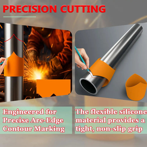 10 Piece Pipe Cutting Guide Set for Precise Saddle Layout with arc-edge marking tool on metal pipe