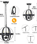 Diagram showing dimensions of Three Light Vintage Pendant Chandelier In Matte Black With Spherical Shades, Flush Mount Fixture.